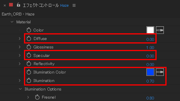 平面レイヤーのDiffuse、Specular、Illumination Color、Illuminationを変更