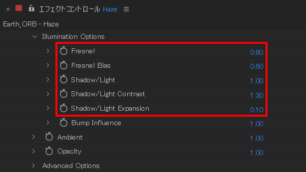 平面レイヤーのFrenel、Frenel Bias、Shadow/Light、Shadow/Light Contrast、Shadow/Light Expansionを変更